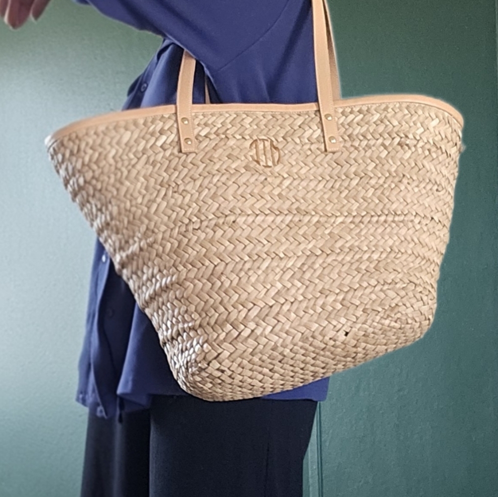 Mark and Graham straw woven tote With Leather Accent